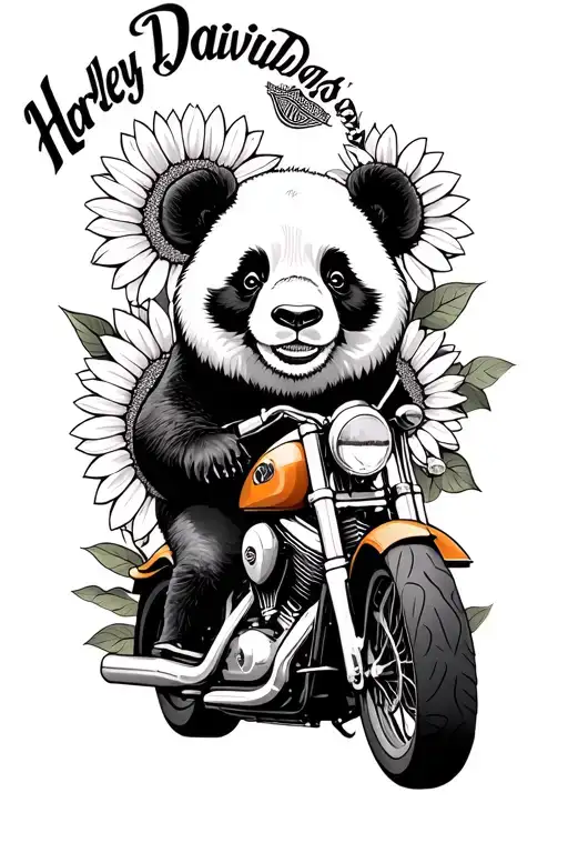 Harley Davidson Motorcycle Side With Sunflowers And Panda Bear