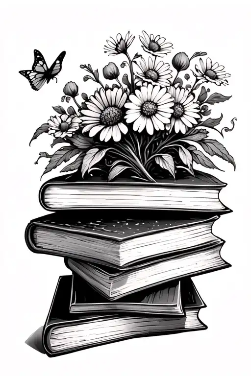 Stack Of Books Open One On Top Wild Flowers Coming Out Of The Top With A Little Butterfly