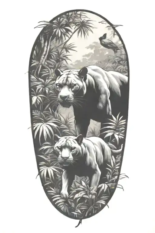 A Pack Of Panthers Stalking Through A Dense Jungle With Birds Flying