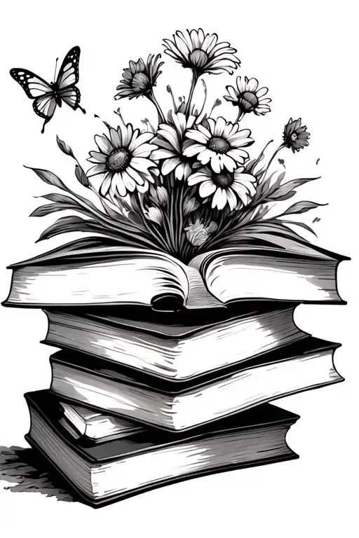 Stack Of Books Open One On Top Wild Flowers Coming Out Of The Top With A Little Butterfly