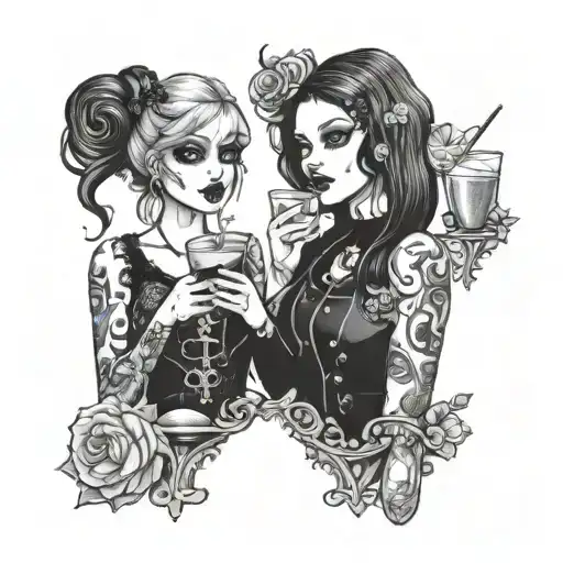 Matching Goth Best Friends Drinking Cocktails