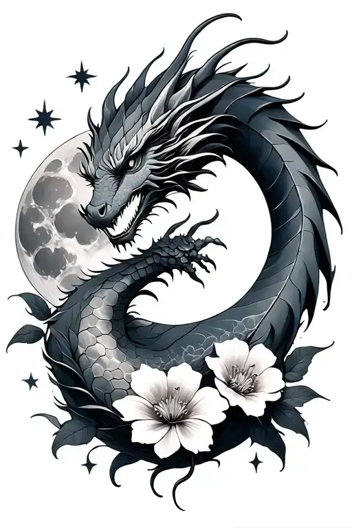 Dragon Moon Stars Flowers