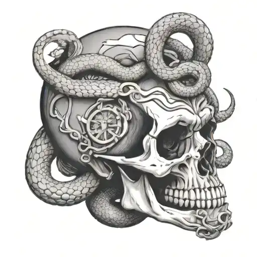 Human Skull With A Snake Slithering Out Of The Eye Hole