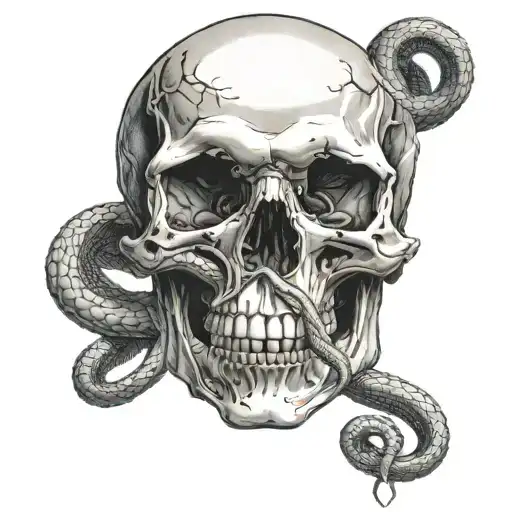 Head On View Of A Human Skull With A Snake Slithering Out Of The Eye Hole