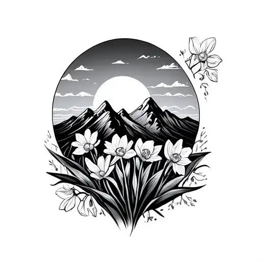 Daffodils Mountain Peaks Sun Rise