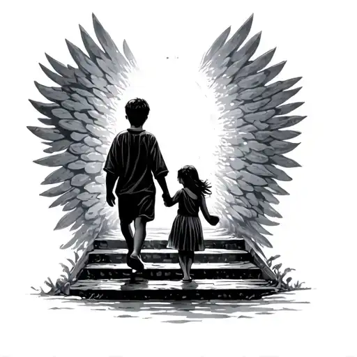 Teen Boy And Little Girl Walking Up Stairs To Heaven
