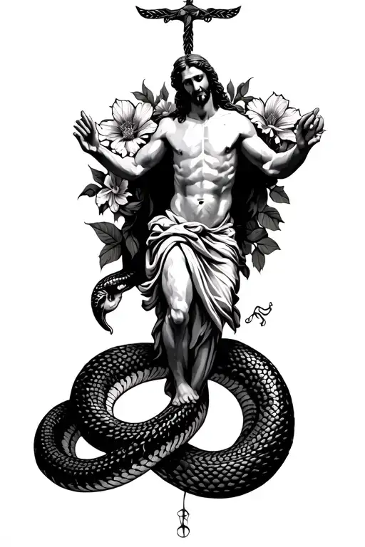 Jesus On Top With A Snake Going Down With Flowers Wrapped