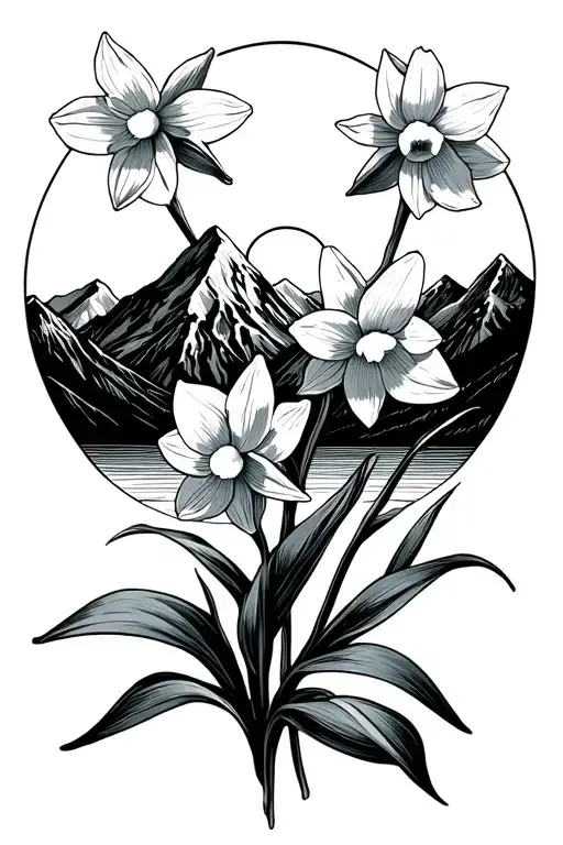 Mountain Peaks Daffodils Sun Rise