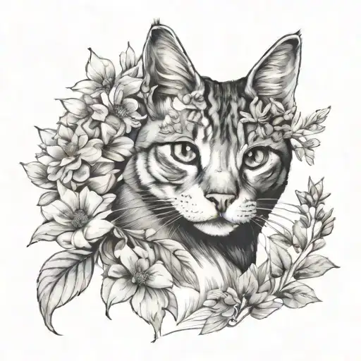 A Black And Grey Portrait Of A Cat Surrounded By Wildflowers