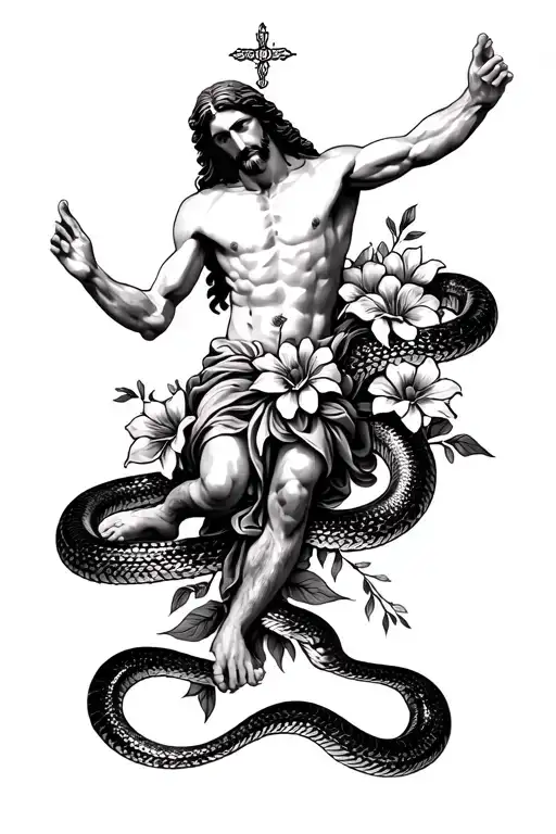 Jesus On Top With A Snake Going Down My Leg With Flowers
