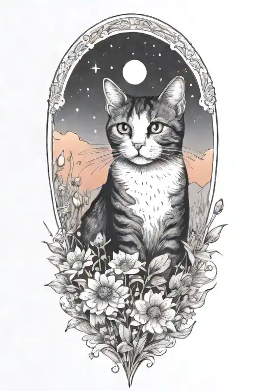 A Tuxedo Cat Exploring A Field Of Colorful Flowers Under A Starry Sky