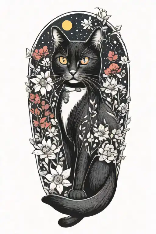 A Tuxedo Cat Exploring A Field Of Colorful Flowers Under A Starry Sky