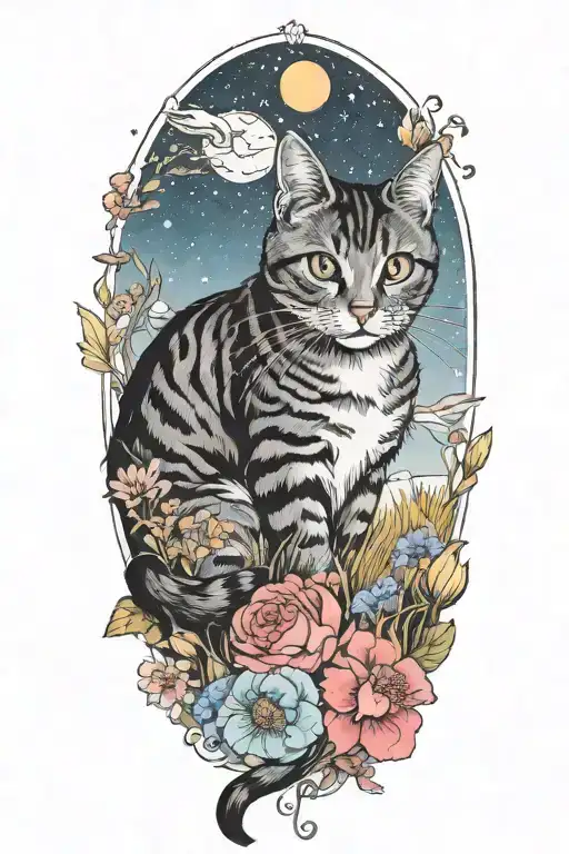 A Cat Exploring A Field Of Colorful Flowers Under A Starry Sky