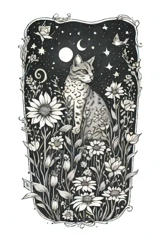 A Cat Exploring A Field Of Colorful Flowers Under A Starry Sky