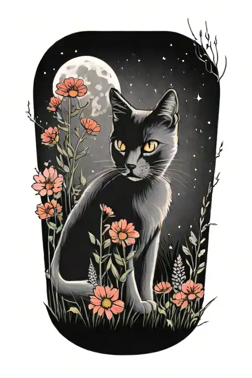 A Cat Exploring A Field Of Colorful Flowers Under A Starry Sky