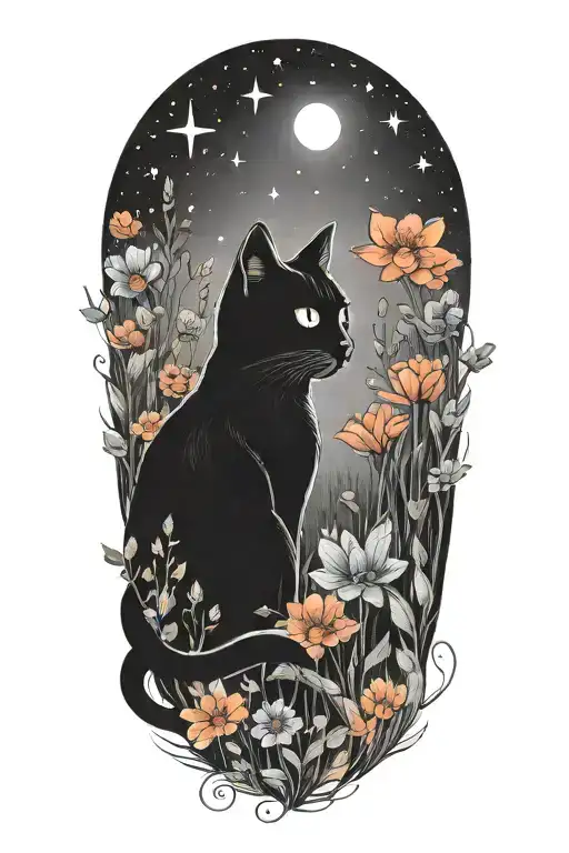 A Cat Exploring A Field Of Colorful Flowers Under A Starry Sky