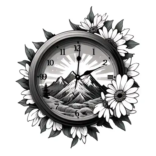 Memorial Mountain Scene Inside Broken Clock With Daisy