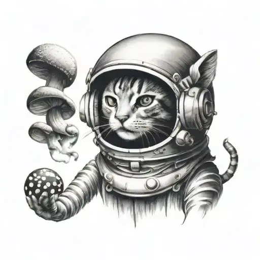 A Surreal Tattoo Of A Cat Wearing A Space Helmet Surrounded By Psychedelic Mushrooms