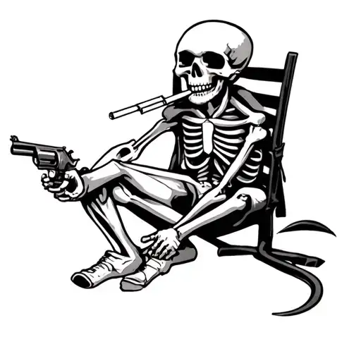 Skeleton Seated With A Revolver And A Cigarette In The Mouth