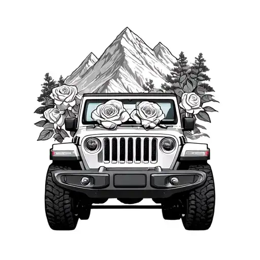 2 Door Jeep Wrangler With Mountain Range And 8 Cherokee Roses