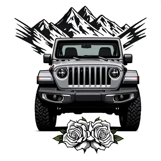 2 Door Jeep Wrangler With Mountain Range And 8 Cherokee Roses