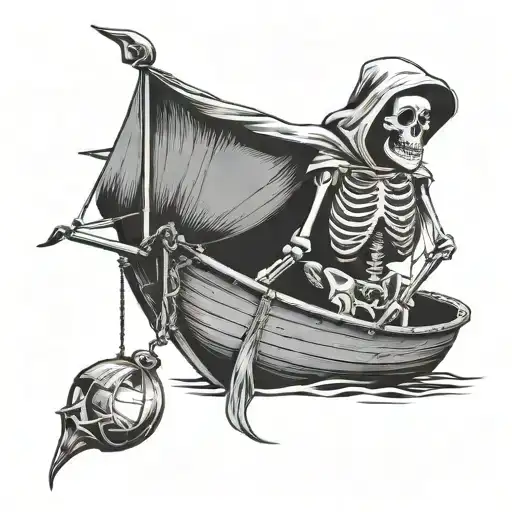 Hooded Skeleton Holding A Lantern On A Creepy Little Boat