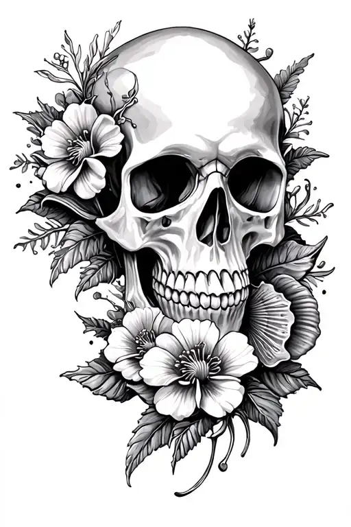 Skull Seashells And Flowers Growing