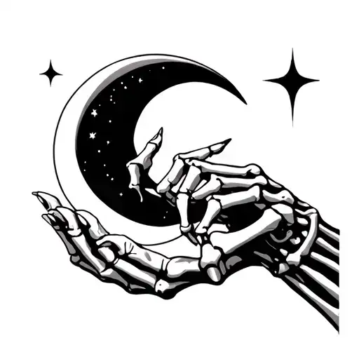 Skeleton Hand Holding A Crescent Moon Surrounded