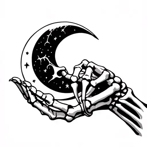 Skeleton Hand Holding A Crescent Moon Surrounded