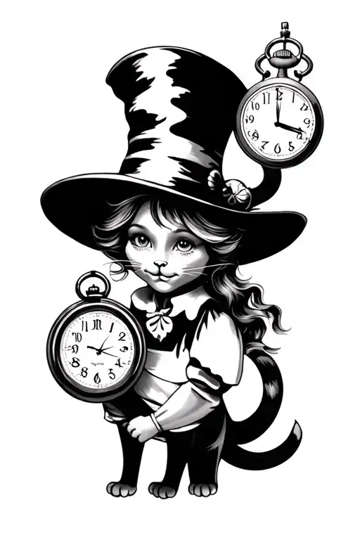 Alice In The Country Hamage With Pocket Watch And The Cat And The Hat Of The Crazy Hat