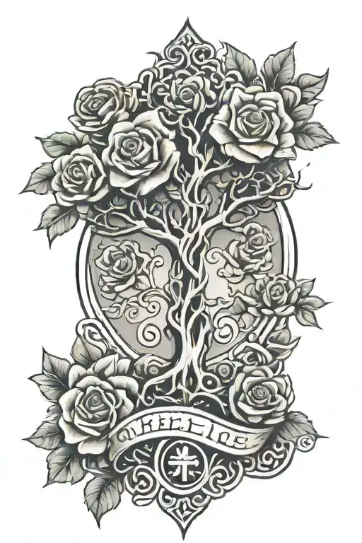 Mexican Tree Of Life Intertwined With A Cross Made From Its Roots And Into Roses