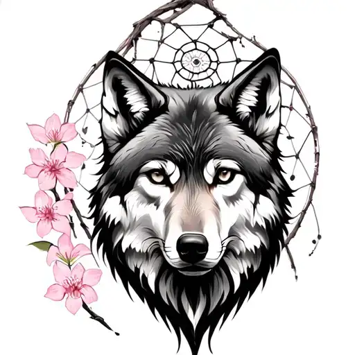 Wolf Dreamcatcher Cherry Blossoms