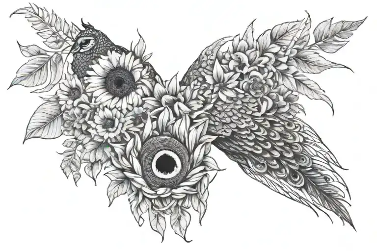 Wild Flowers And Sunflowers Wrapping Around The Arm With Peacock Feathers