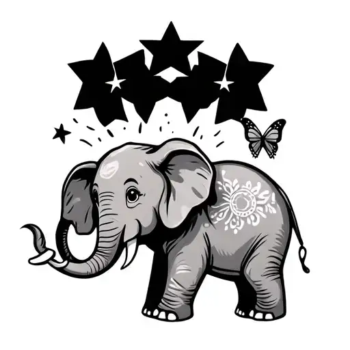 Baby Elephant With Butterfly On Trunk And Two Stars Above