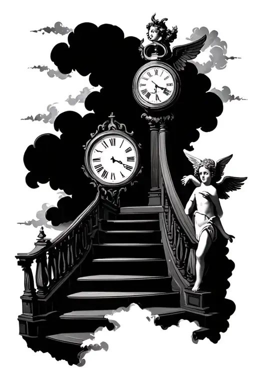 Stair Way With Clouds A Broken Clock And A Cherub