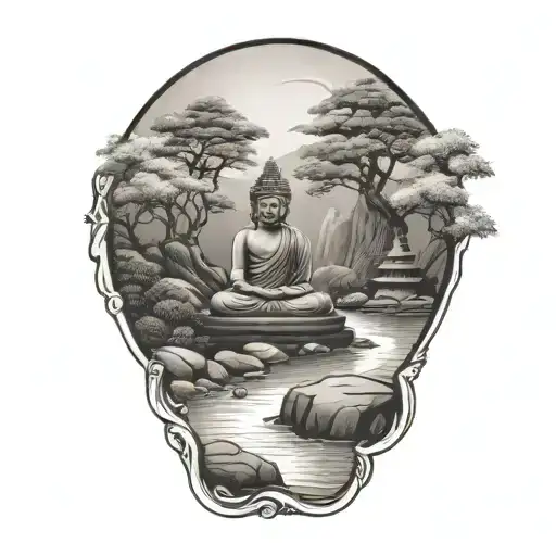 A Zen Garden With A Flowing River And Stepping Stones Leading To A Meditating Buddha Statue