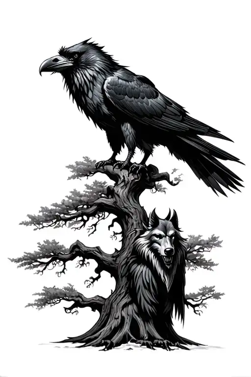 Fenrir And Odin's Black Raven Standing Near Life Tree