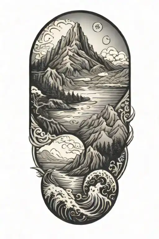 An Intricate Yin Yang Symbol With A Mountain And Ocean Scene Inside