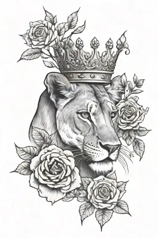 A Lioness With Flowers Below And A Small Crown On Her Head