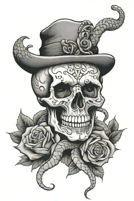 Skull With Rose In Mouth And Snake Intertwined