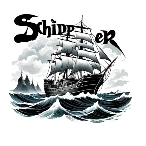 Ship Sailing Through Stormy Seas With The Word Schipper Small