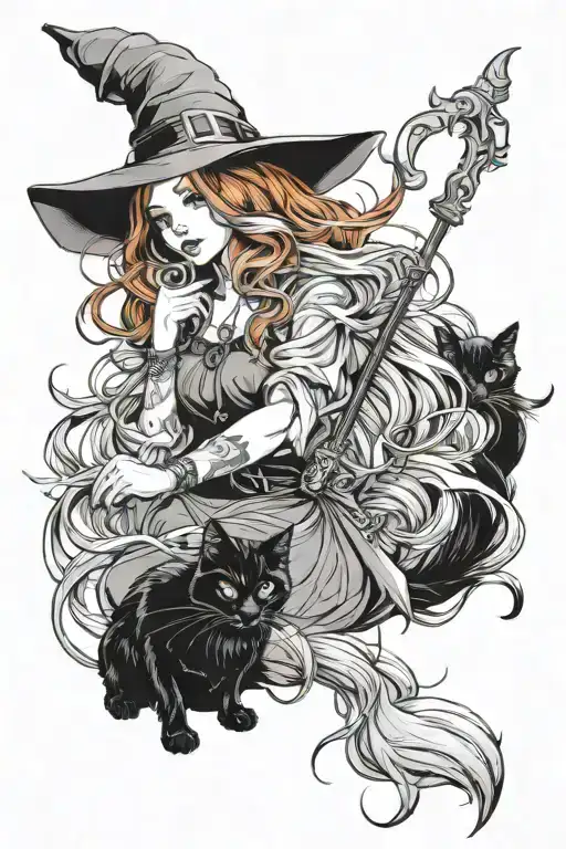 Beautiful Redhead Witch With Blue Eyes Plus A Long Haired Black Cat