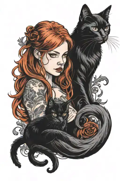 A Redhead Girl And A Long Haired Black Cat