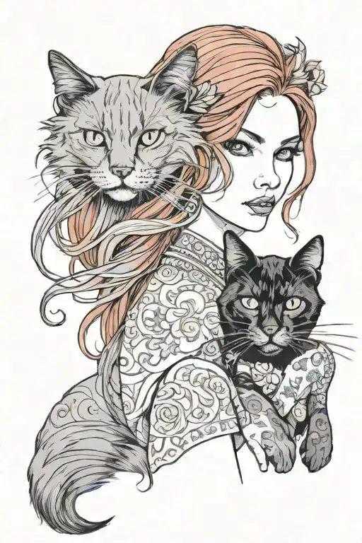 A Beautiful Red-haired Girl With Blue Eyes And A Beautiful Black Cat With Very Long Hair