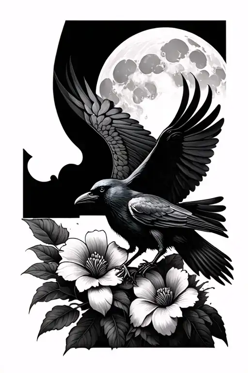 Black And White Tattoo On The Hole Leg With An Raven Fullmoon And Flower's