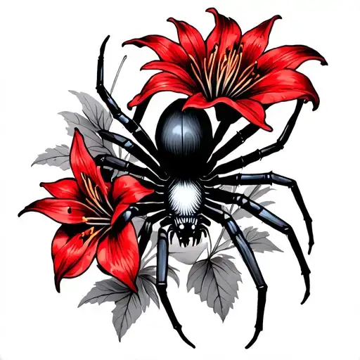 Black Spider With Red Spiderlilies In The Back