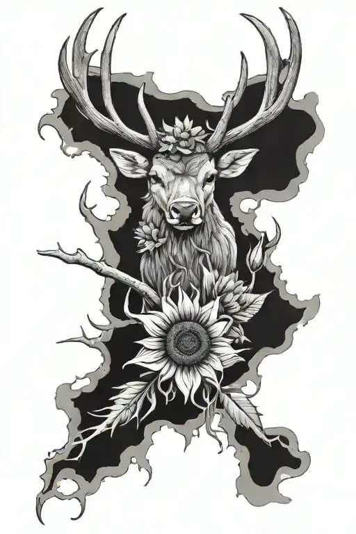 Elk Antler And Sunflower Intertwined