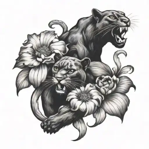 A Black And Grey Tattoo Of 2 Black Panthers Fighting With Large Flowers