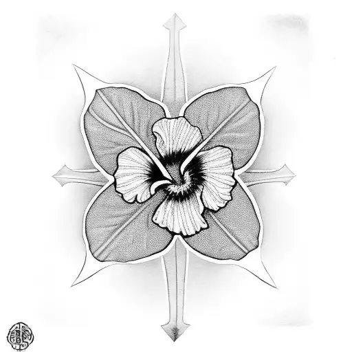 Hibiscus Blossom With Aya Adinkra Symbol Grayscale