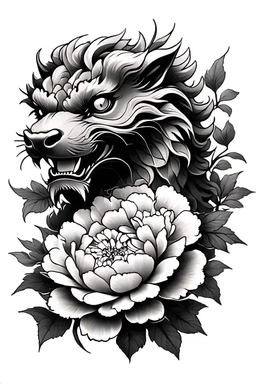Foo Dog And Peony Flowers